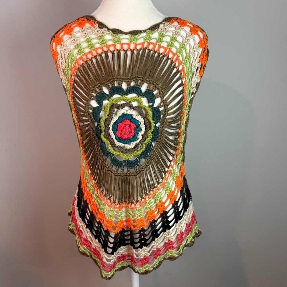 Womens handmade crochet multicolor see though hippieβ boho top stretch sz sm-med